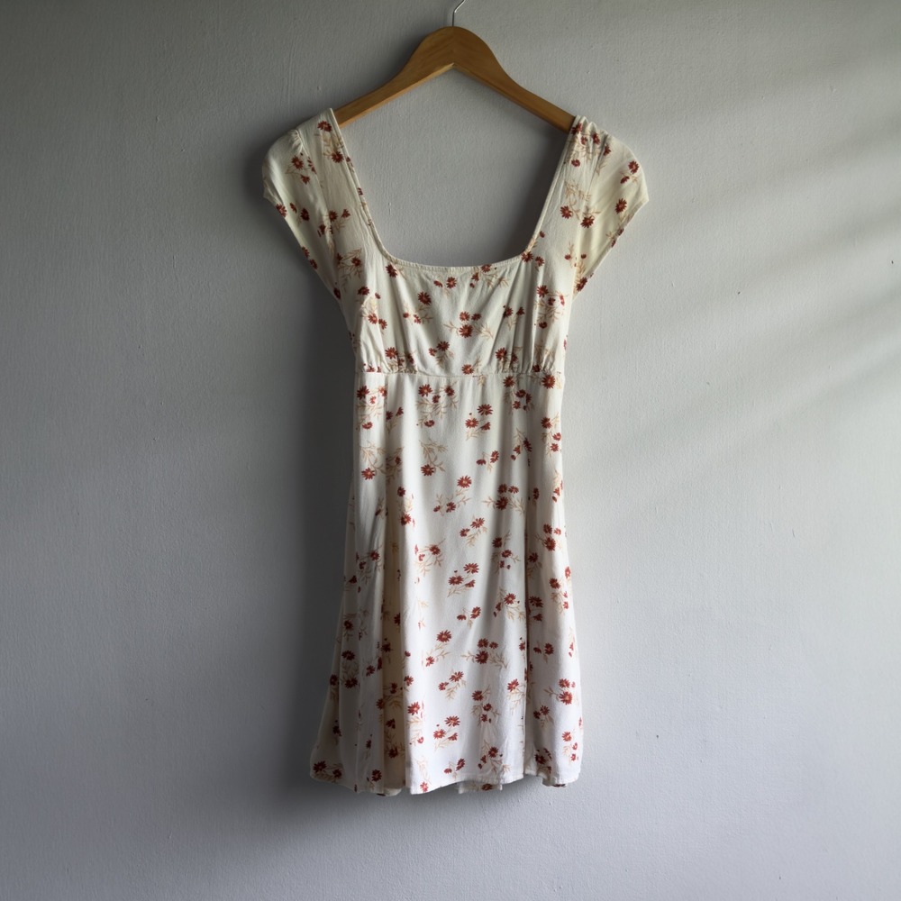American Eagle Floral Empire Waist Mini Dress Women Small Cream Cottagecore Boho